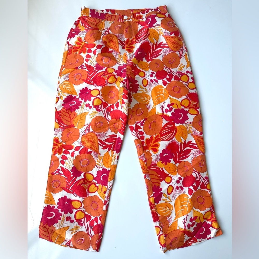 Bob Mackie Art Colorful Orange Red Floral Silk High Rise Cropped Pants Women’s 6